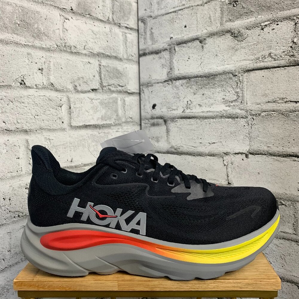 Hoka Clifton 10 Mens 13D Black Orange One One Running Shoes Comfort Sneakers New